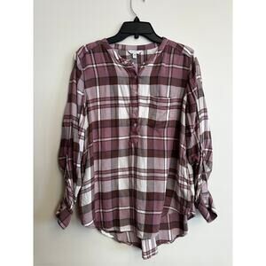 Lucky Brand Plaid Henley Blouse Mauve Brown Size Medium